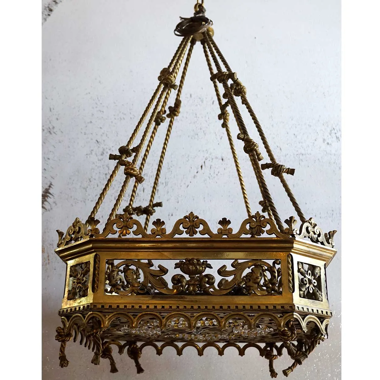 Fine Large French Gold Gilt Bronze and Beaded Hanging Eight-Light Pendant Light