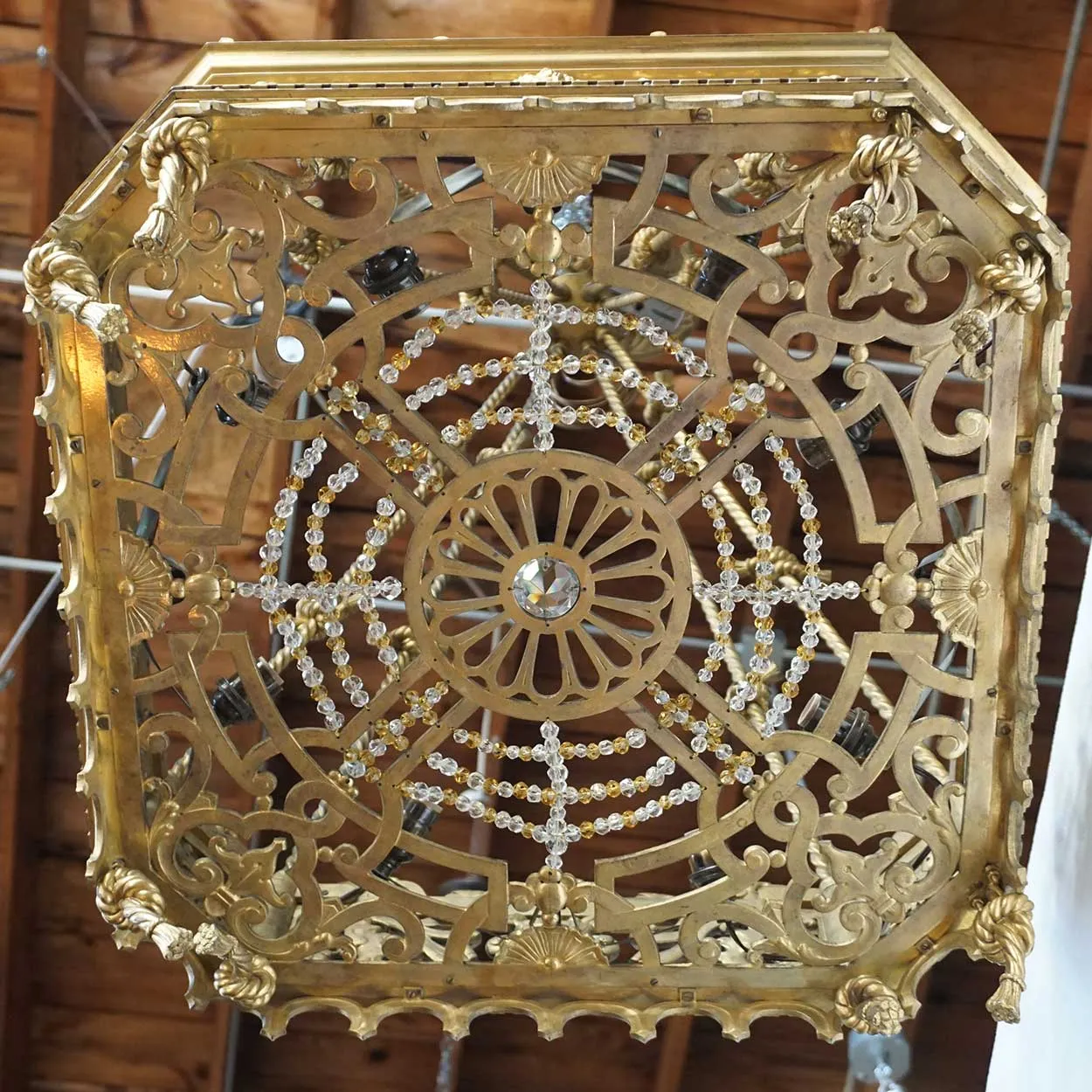 Fine Large French Gold Gilt Bronze and Beaded Hanging Eight-Light Pendant Light