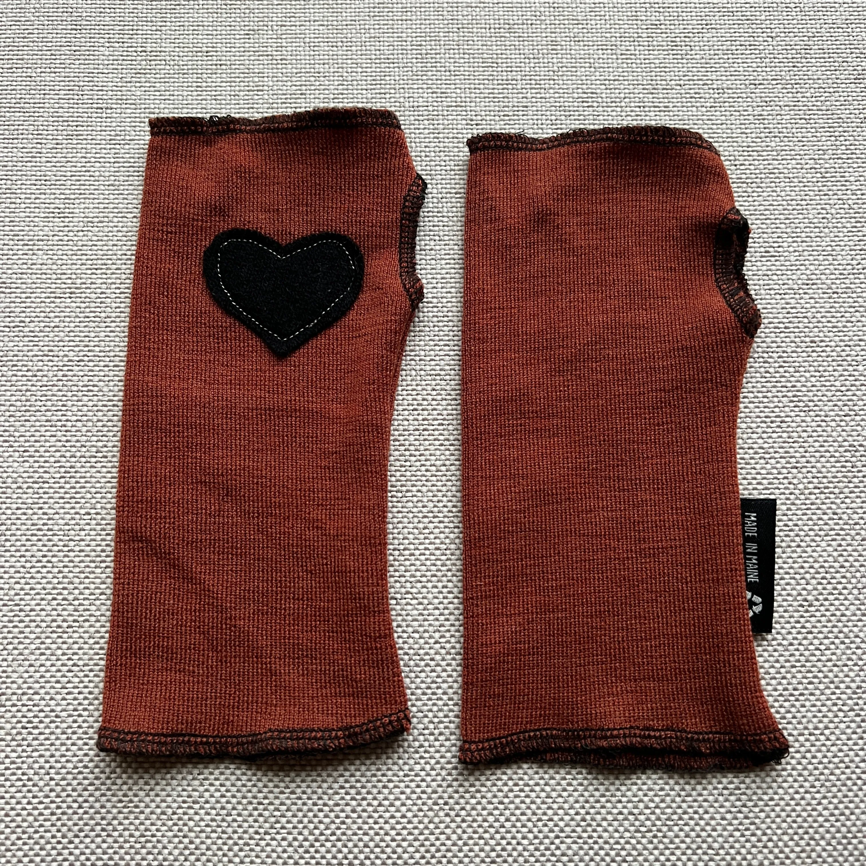 Fingerless Mittens Short Rusty Orange with Black Heart 304