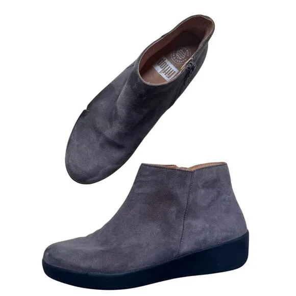 FITFLOP Women's 7.5 SUMI Suede Leather Bootie Side Zip Shoe Gray Comfort Walking