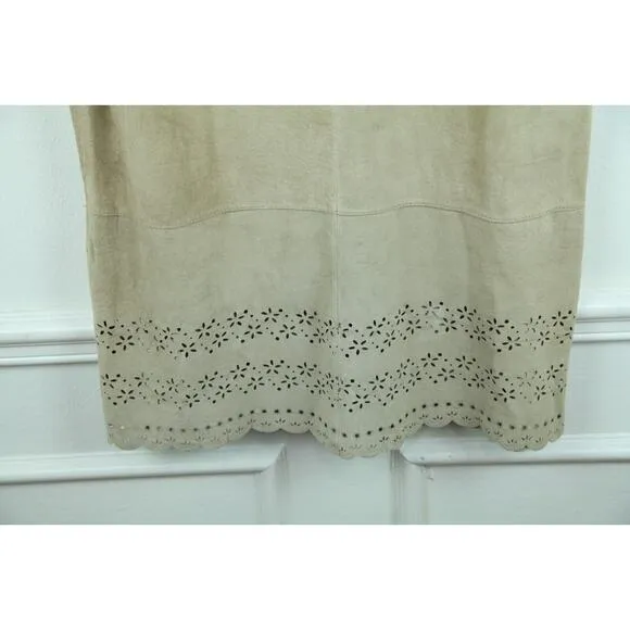 FLAW Vintage 90s Y2K Tan Suede Midi Skirt Punch Out Lace Boho Hippy 12 M L