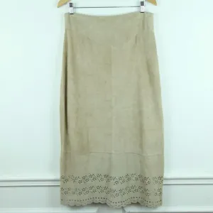FLAW Vintage 90s Y2K Tan Suede Midi Skirt Punch Out Lace Boho Hippy 12 M L