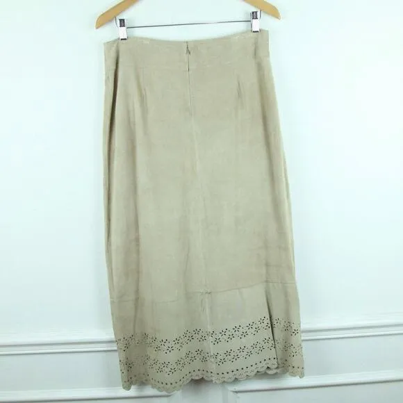 FLAW Vintage 90s Y2K Tan Suede Midi Skirt Punch Out Lace Boho Hippy 12 M L