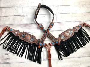 Grey Alligator Print, Teal Buck Stitch Fringe Tack Set