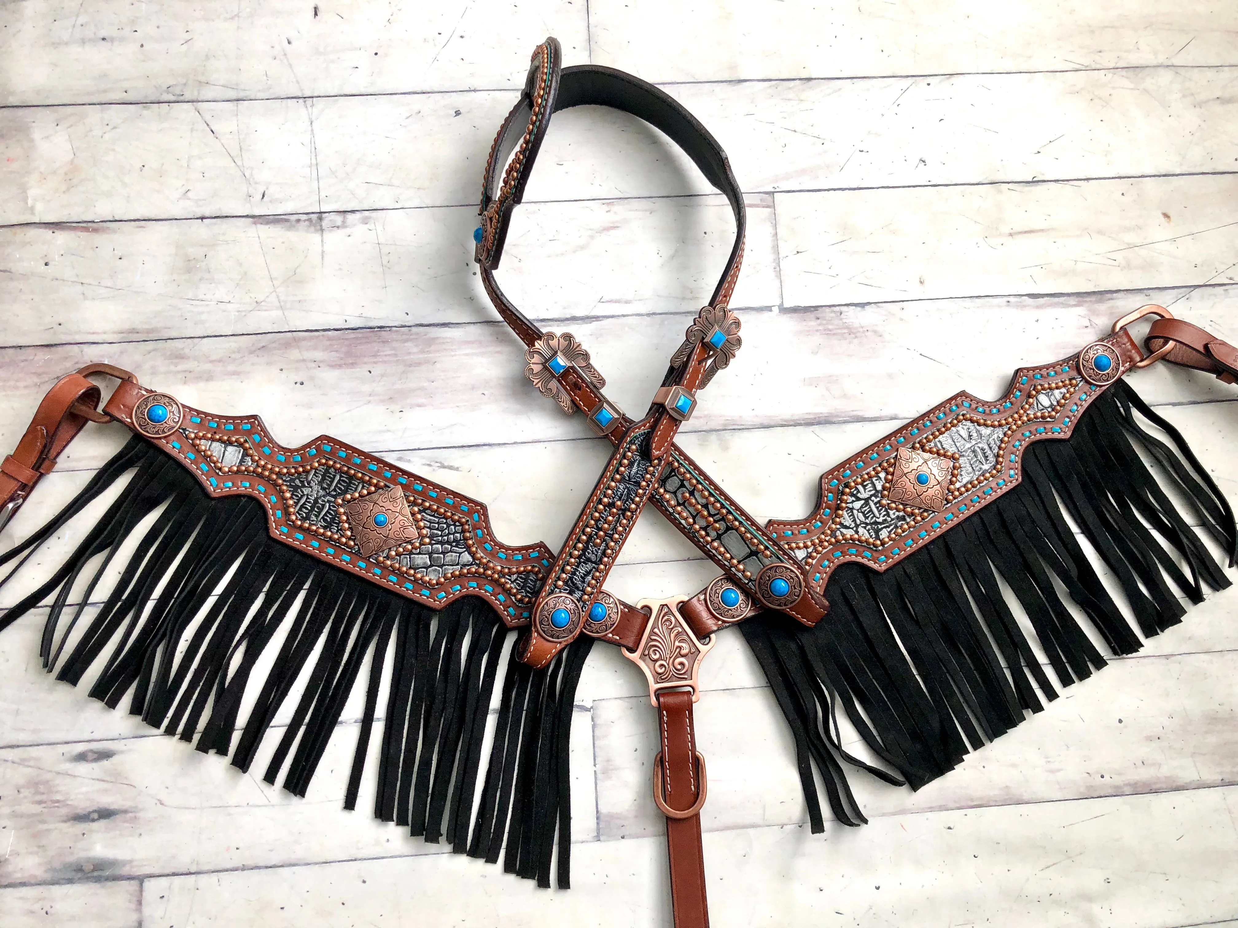 Grey Alligator Print, Teal Buck Stitch Fringe Tack Set