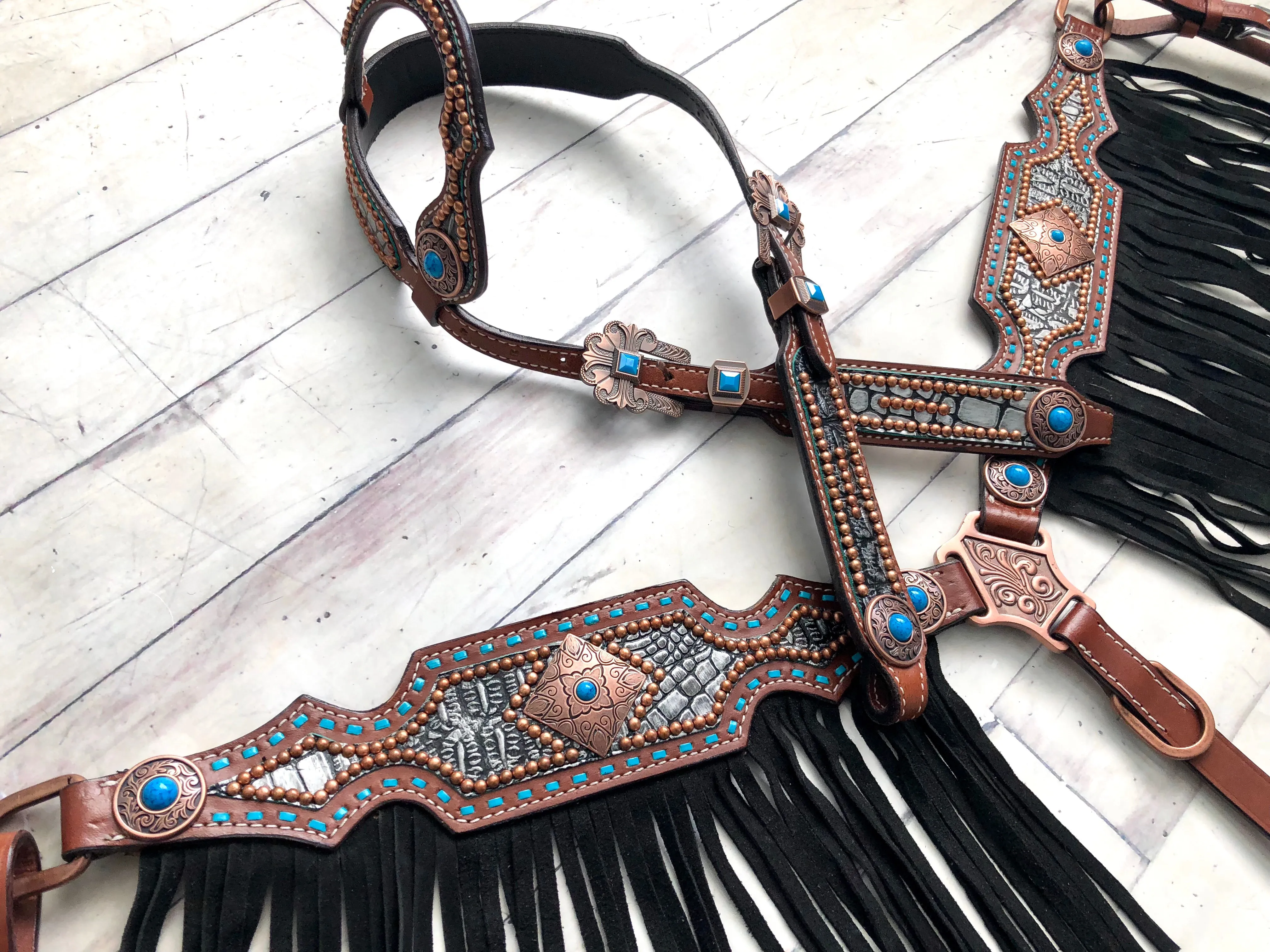 Grey Alligator Print, Teal Buck Stitch Fringe Tack Set