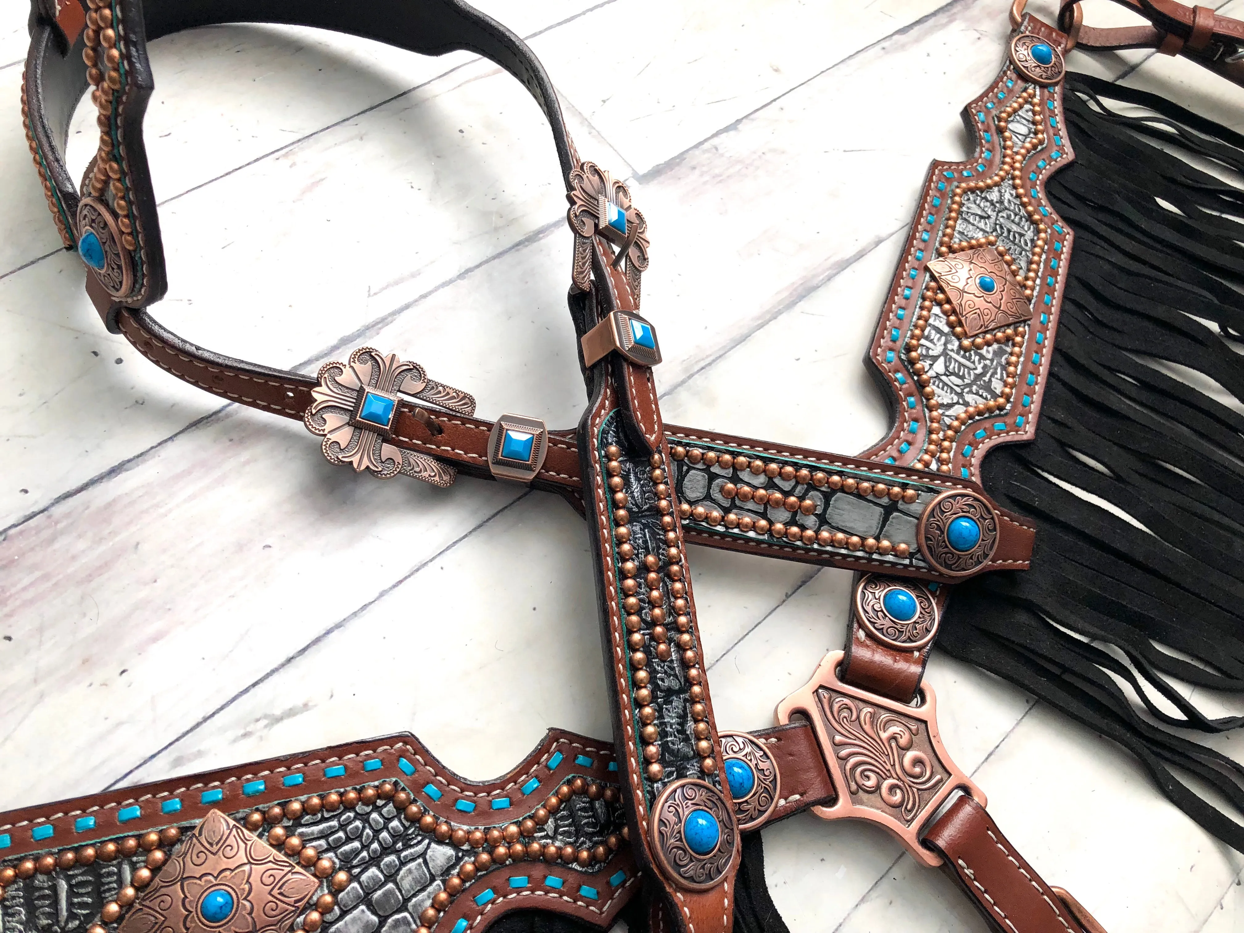 Grey Alligator Print, Teal Buck Stitch Fringe Tack Set