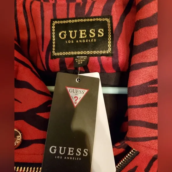Guess Red &amp; Black Kingdom Stripe LS Rayanna Suede Moto Jacket