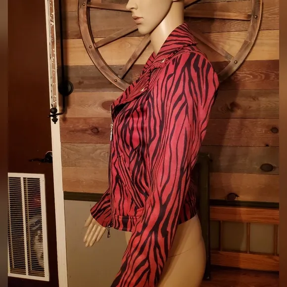 Guess Red &amp; Black Kingdom Stripe LS Rayanna Suede Moto Jacket