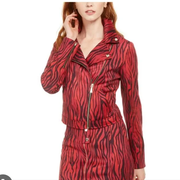 Guess Red &amp; Black Kingdom Stripe LS Rayanna Suede Moto Jacket