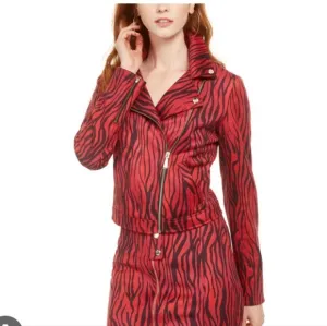 Guess Red &amp; Black Kingdom Stripe LS Rayanna Suede Moto Jacket