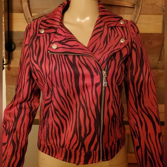 Guess Red &amp; Black Kingdom Stripe LS Rayanna Suede Moto Jacket
