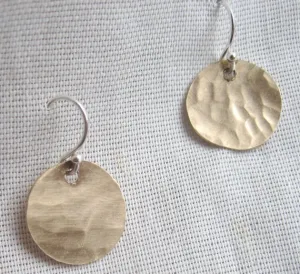 Hand-Made, Stylish, Hammered Textured, Gold Colored Brass Dangle Disk Earrings - 0065