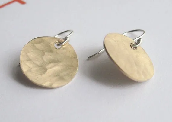 Hand-Made, Stylish, Hammered Textured, Gold Colored Brass Dangle Disk Earrings - 0065