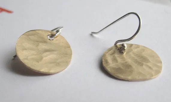 Hand-Made, Stylish, Hammered Textured, Gold Colored Brass Dangle Disk Earrings - 0065