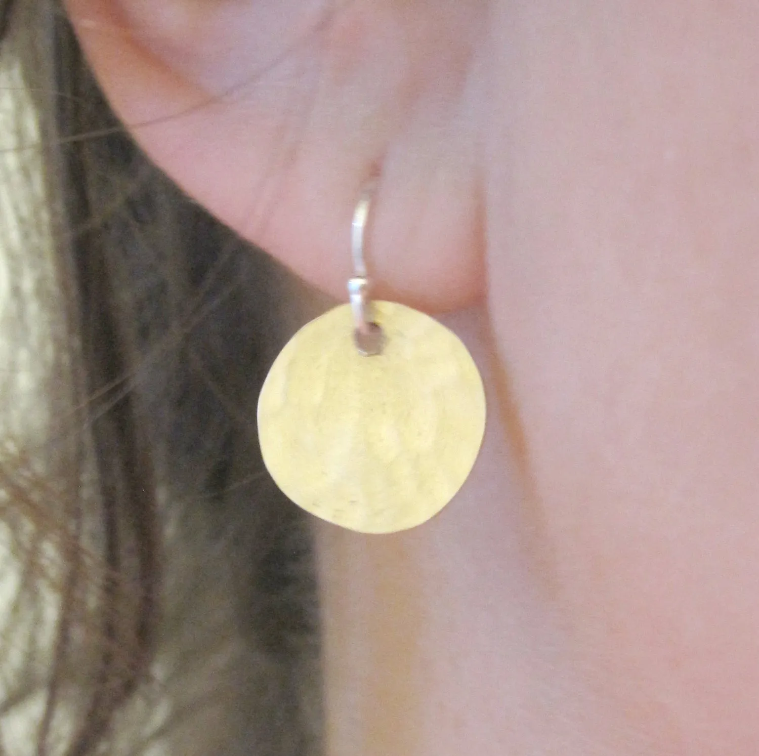 Hand-Made, Stylish, Hammered Textured, Gold Colored Brass Dangle Disk Earrings - 0065