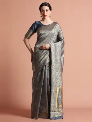 Heavy Banarasi Zari Woven Grey Silk Blend Saree