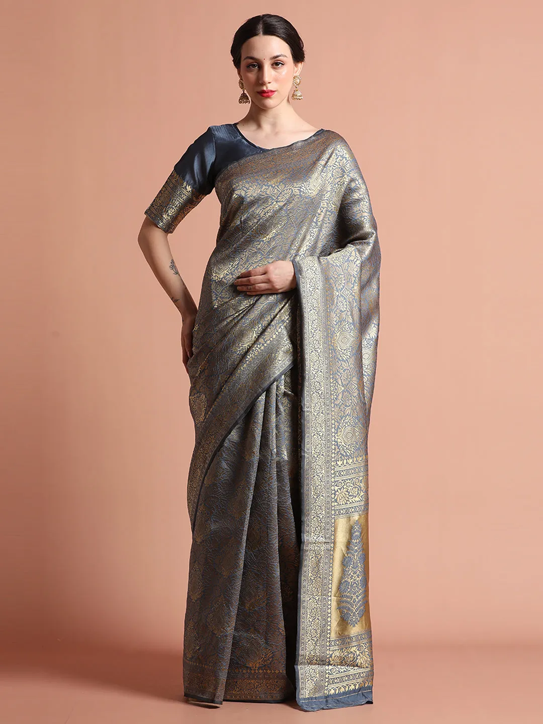 Heavy Banarasi Zari Woven Grey Silk Blend Saree