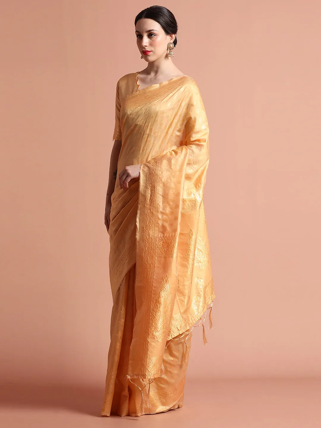 Heavy Banarasi Zari Woven Silk Blend Cream Saree