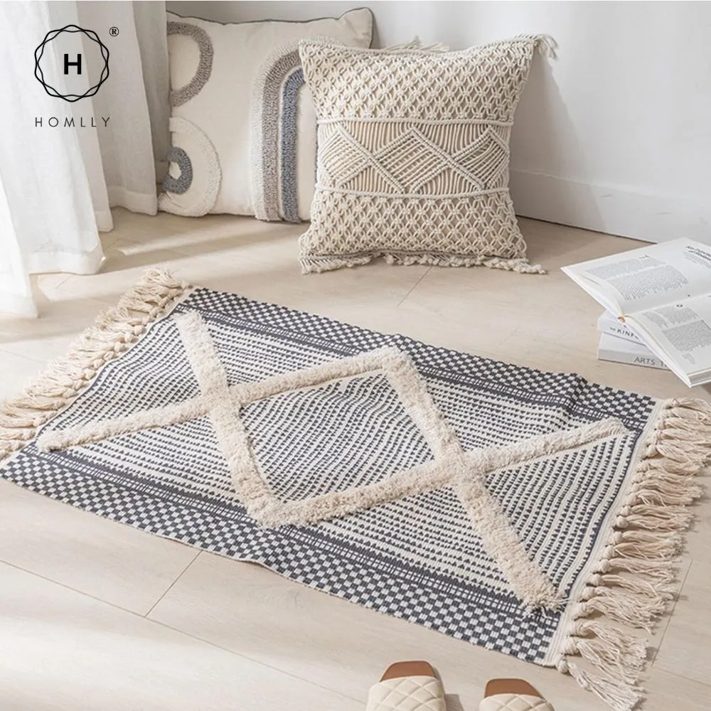 Homlly Boho Moroccan Tufted Cotton Woven Bath Room Throw Rug Runner with Tassels (60x90cm)