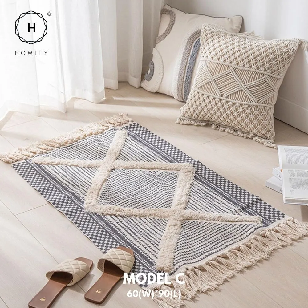 Homlly Boho Moroccan Tufted Cotton Woven Bath Room Throw Rug Runner with Tassels (60x90cm)