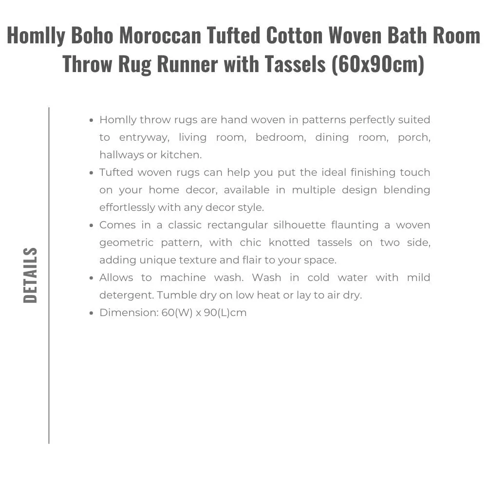 Homlly Boho Moroccan Tufted Cotton Woven Bath Room Throw Rug Runner with Tassels (60x90cm)
