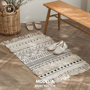 Homlly Boho Moroccan Tufted Cotton Woven Bath Room Throw Rug Runner with Tassels (60x90cm)