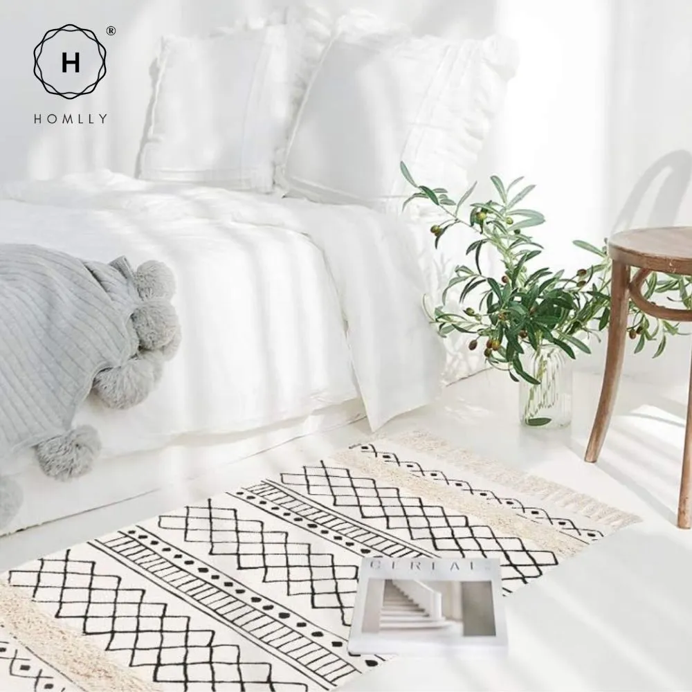 Homlly Boho Moroccan Tufted Cotton Woven Bath Room Throw Rug Runner with Tassels (60x90cm)