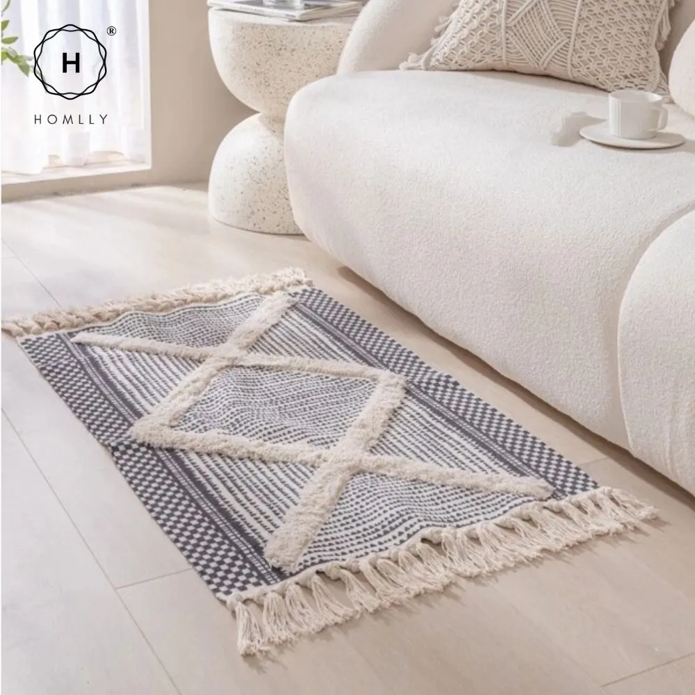Homlly Boho Moroccan Tufted Cotton Woven Bath Room Throw Rug Runner with Tassels (60x90cm)