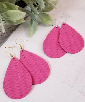 Hot Pink Woven Leather Teardrop Earrings
