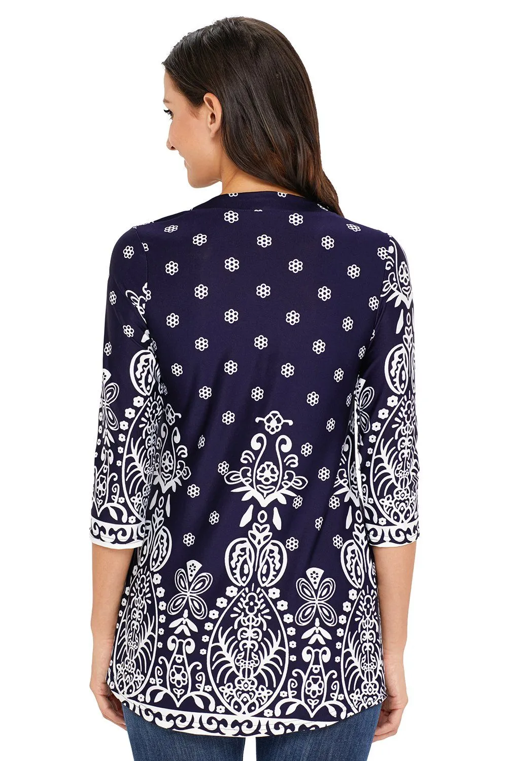 KaleaBoutique Stylish Navy Blue Floral Notch Neck Pin-tuck Tunic