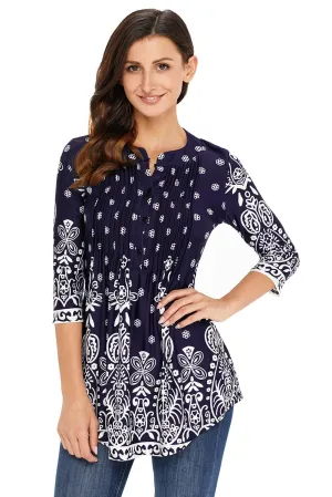 KaleaBoutique Stylish Navy Blue Floral Notch Neck Pin-tuck Tunic