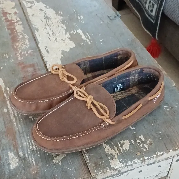 L.L.Bean mens suede loafer slippers plaid insole 8 M 212164