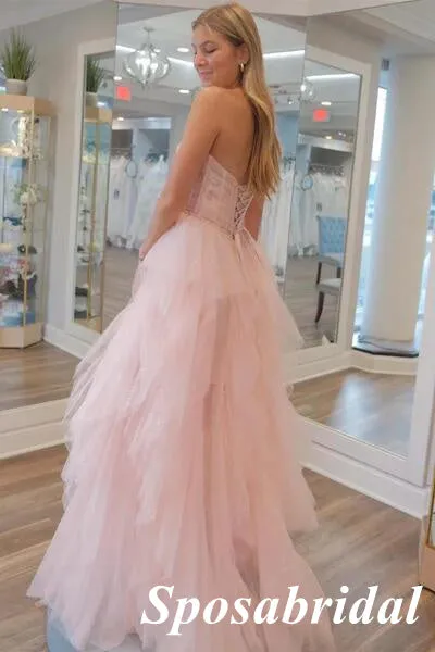 Lovely Pink Tulle Sweetheart A-Line Long Prom Dresses, PD3823