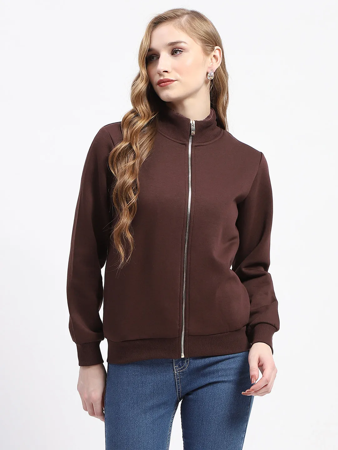 Madame Mock Neck Brown Cotton Sweatshirt