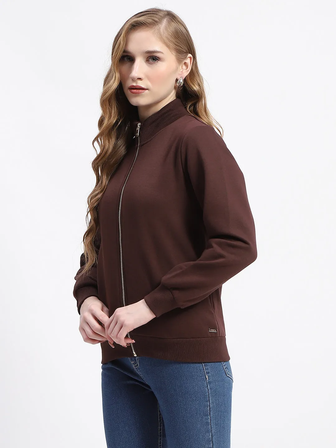 Madame Mock Neck Brown Cotton Sweatshirt