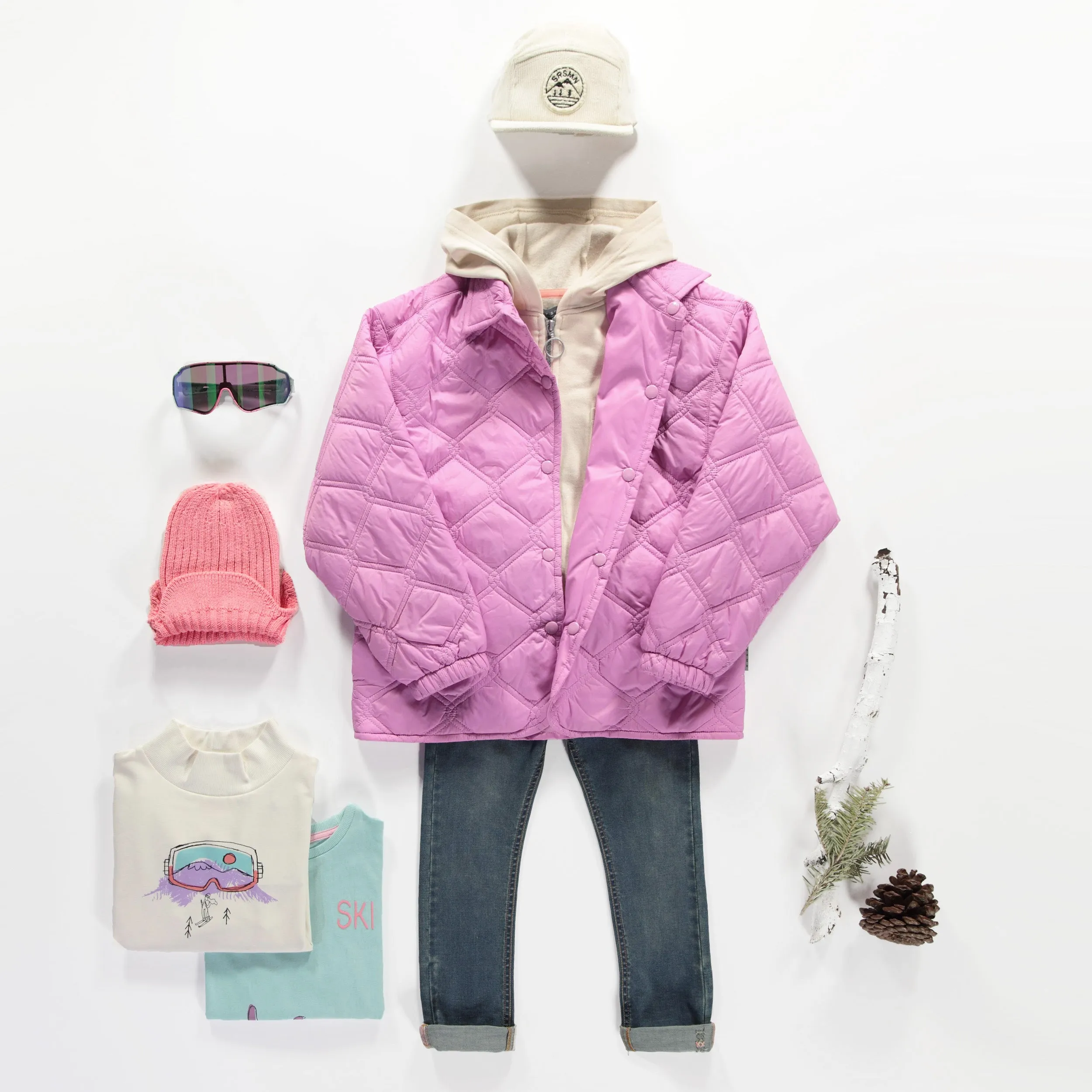 Manteau mauve rosé matelassé en nylon, enfant || Pink purple quilted nylon coat, child
