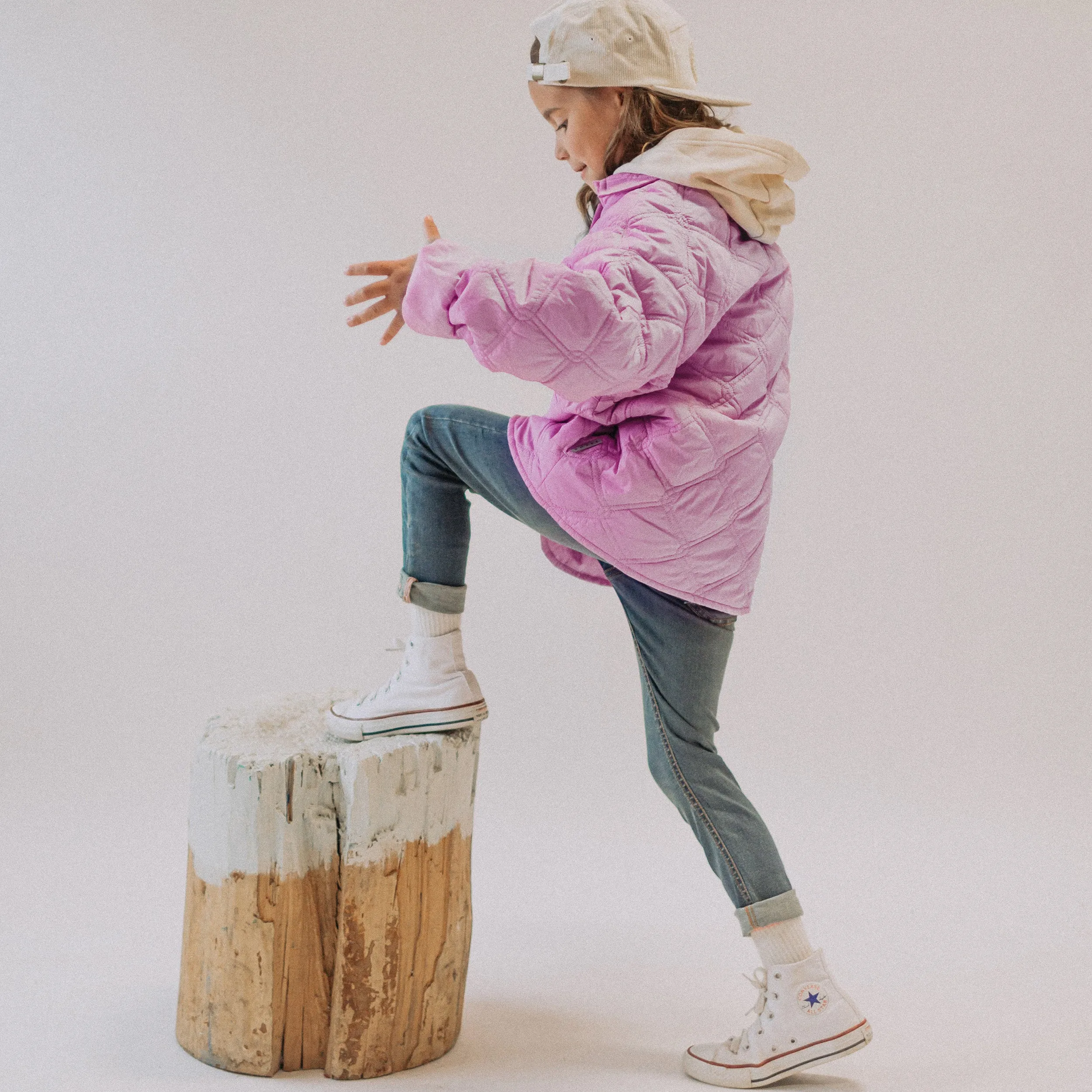 Manteau mauve rosé matelassé en nylon, enfant || Pink purple quilted nylon coat, child