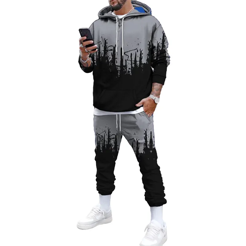 Men's Stylish Print Long Sleeve Hoodie and Sweatpants 2 Piece Sets