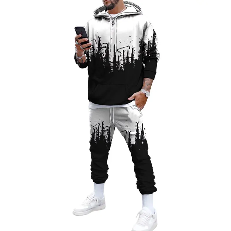 Men's Stylish Print Long Sleeve Hoodie and Sweatpants 2 Piece Sets