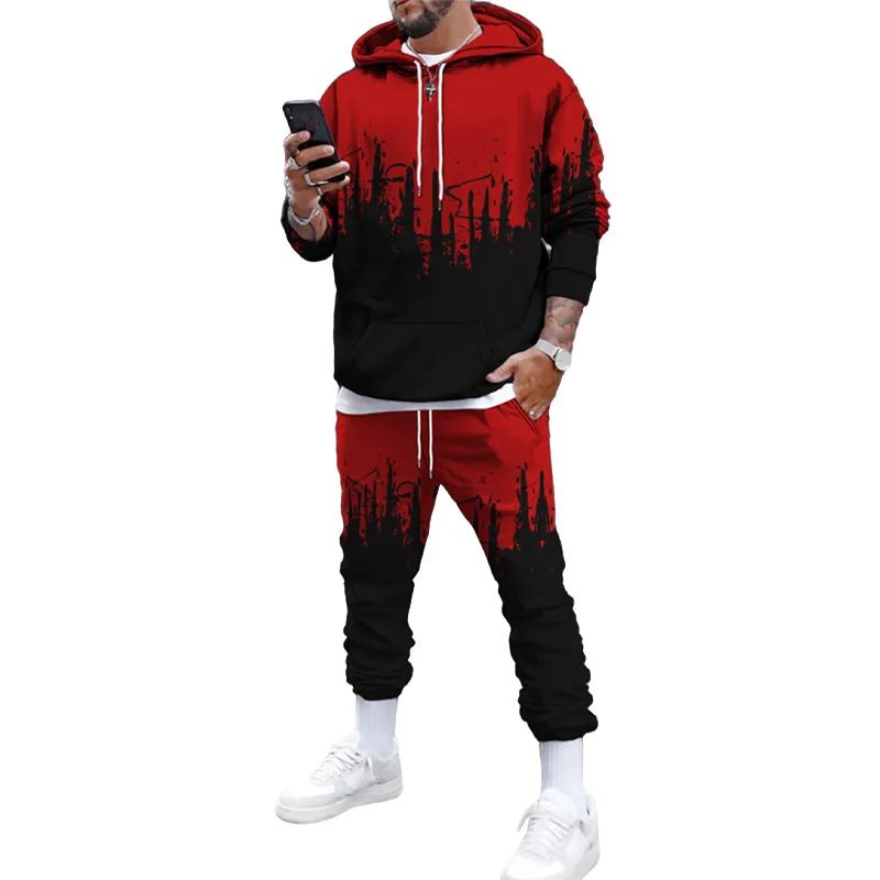 Men's Stylish Print Long Sleeve Hoodie and Sweatpants 2 Piece Sets