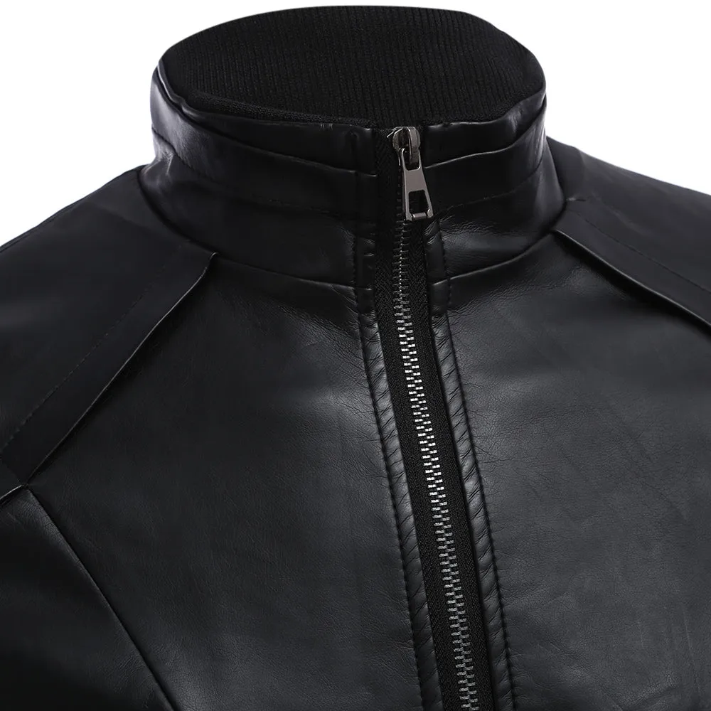 Men's Stylish Zipper Design Stand Collar Warm Slim Fit Leather Coat