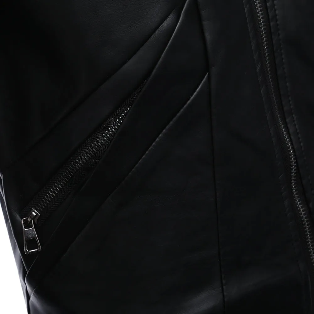 Men's Stylish Zipper Design Stand Collar Warm Slim Fit Leather Coat