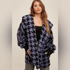 NWT Cozy Houndstooth Oversized Plush Hooded Sherpa Jacket With Pockets One Size