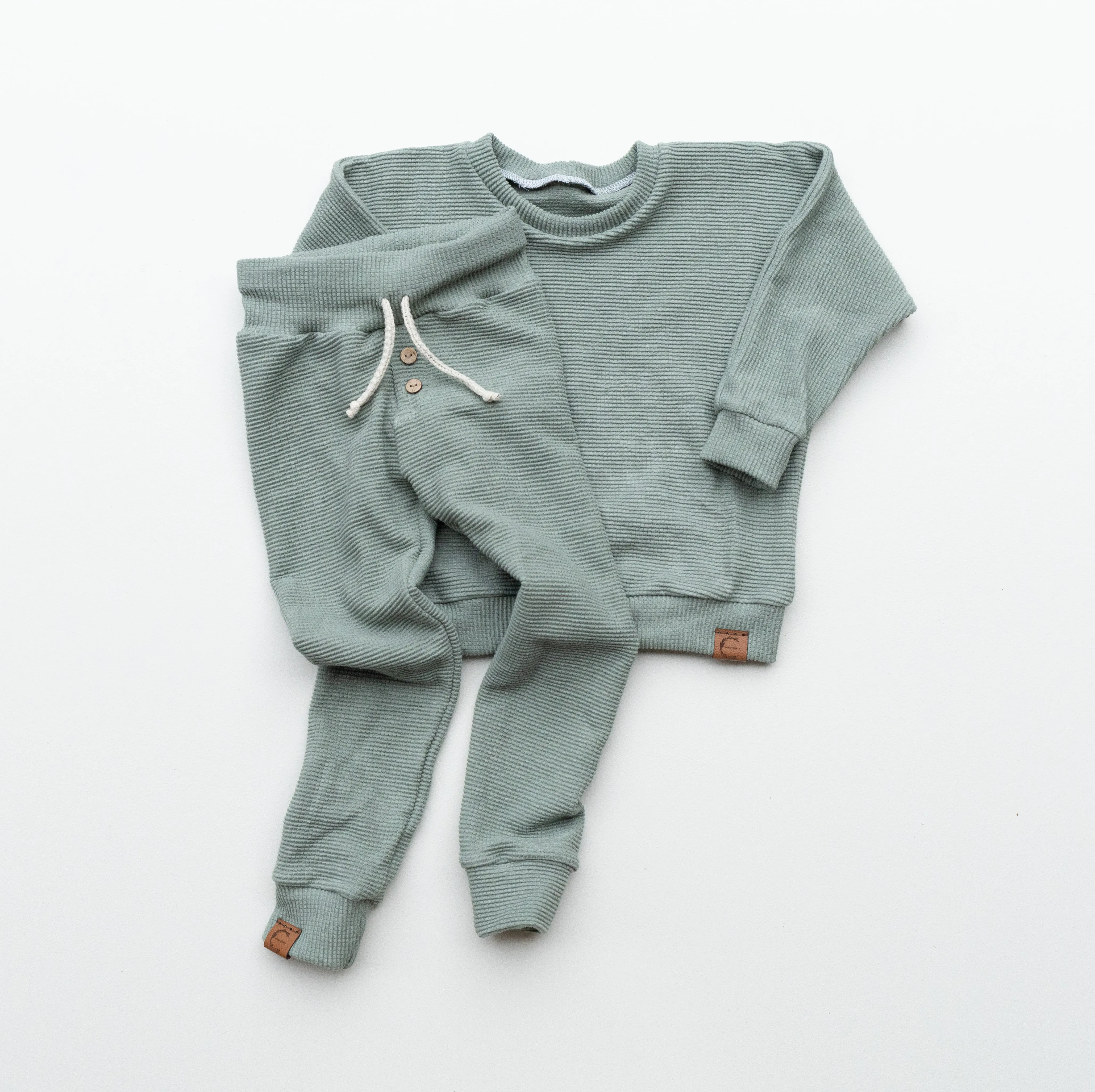 Organic Waffle Knit Crew Neck Pullover - Eucalyptus