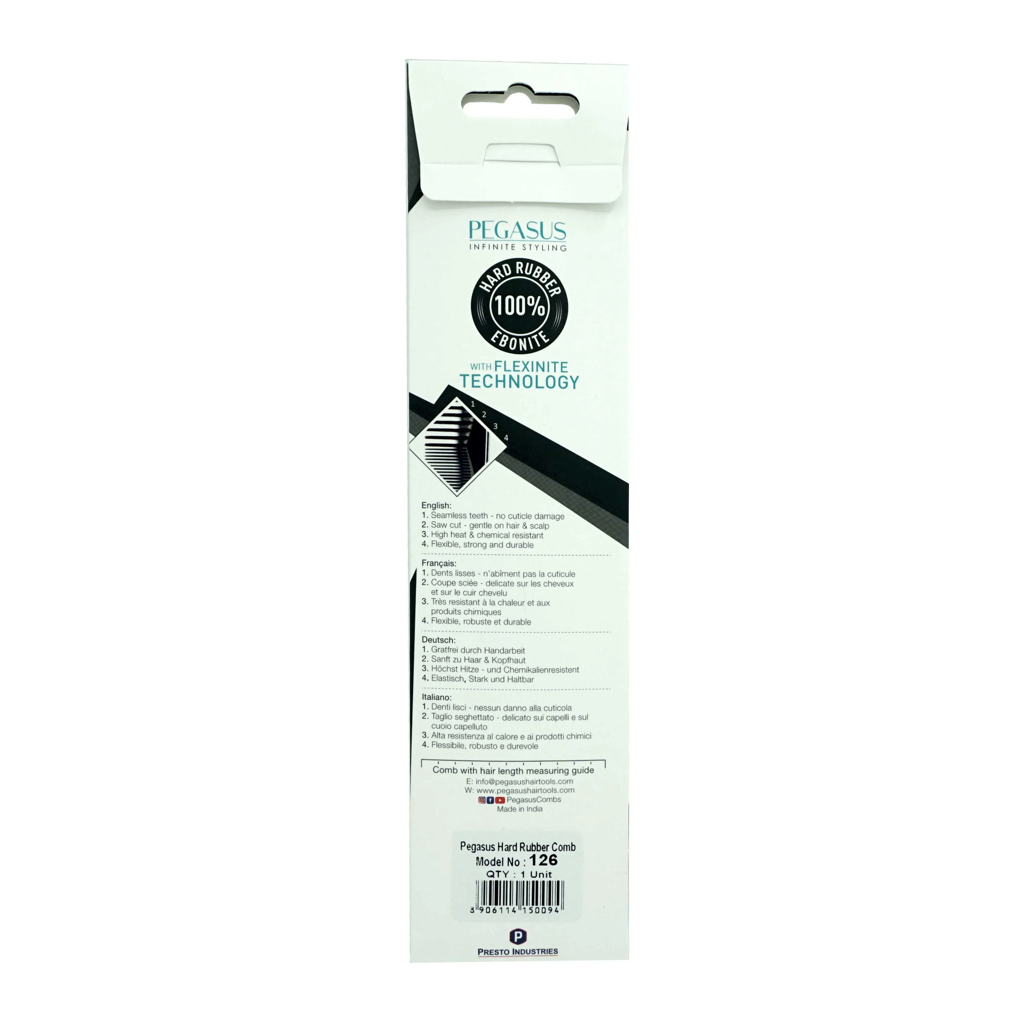 Pegasus 126, 8.25in Hard Rubber Fine Tooth Rat Tail Comb with Sectioning, Seamless, Anti Static, Heat and Chemically Resistant, Great for Parting, Coloring Hair | Peines de goma dura - Black