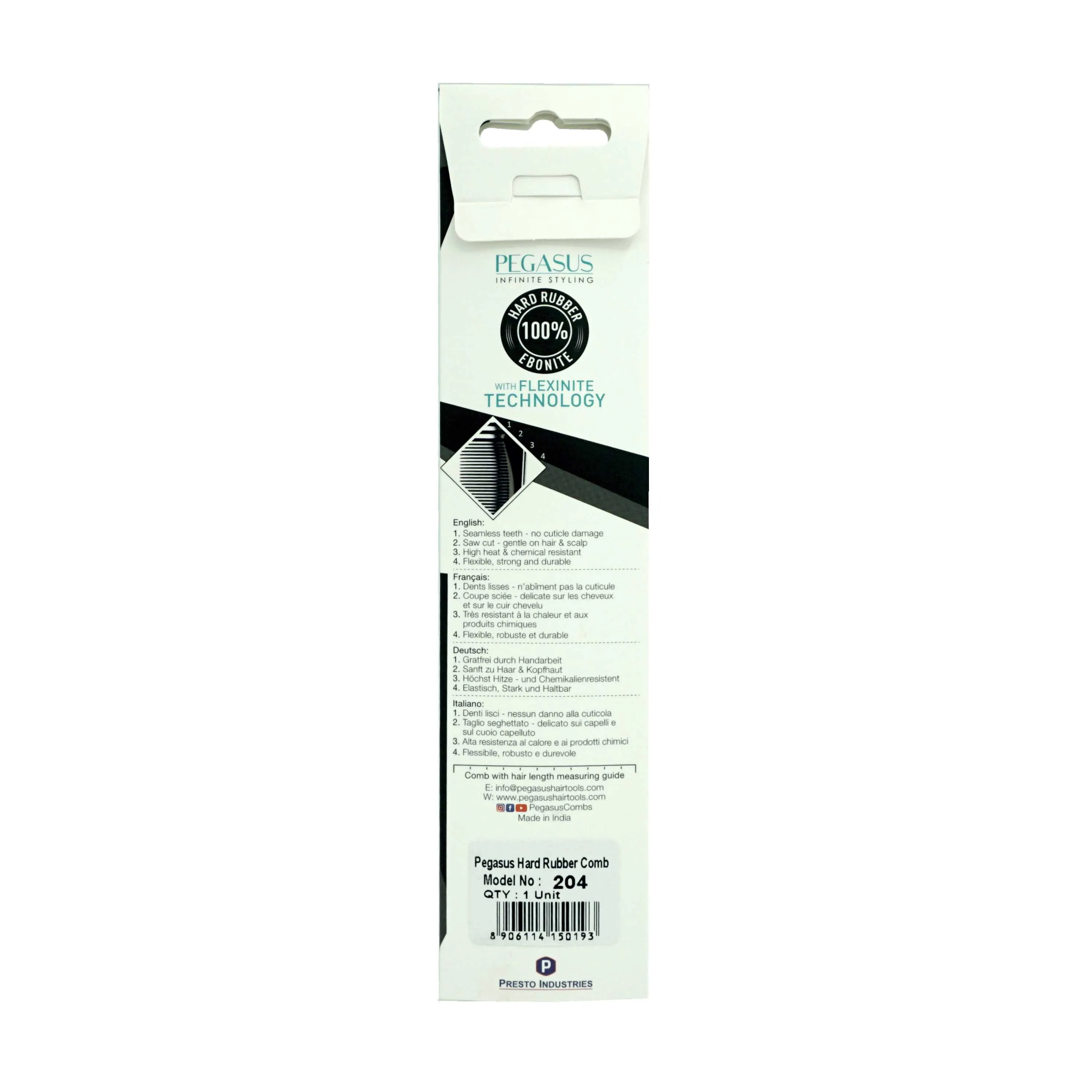 Pegasus 204, 7in Hard Rubber Hair Trimming/Cutting Com with Extra Course/Fine Teeth, Anti Static, Heat and Chemically Resistant, Wet Hair, Everyday Grooming Comb | Peines de goma dura - Black