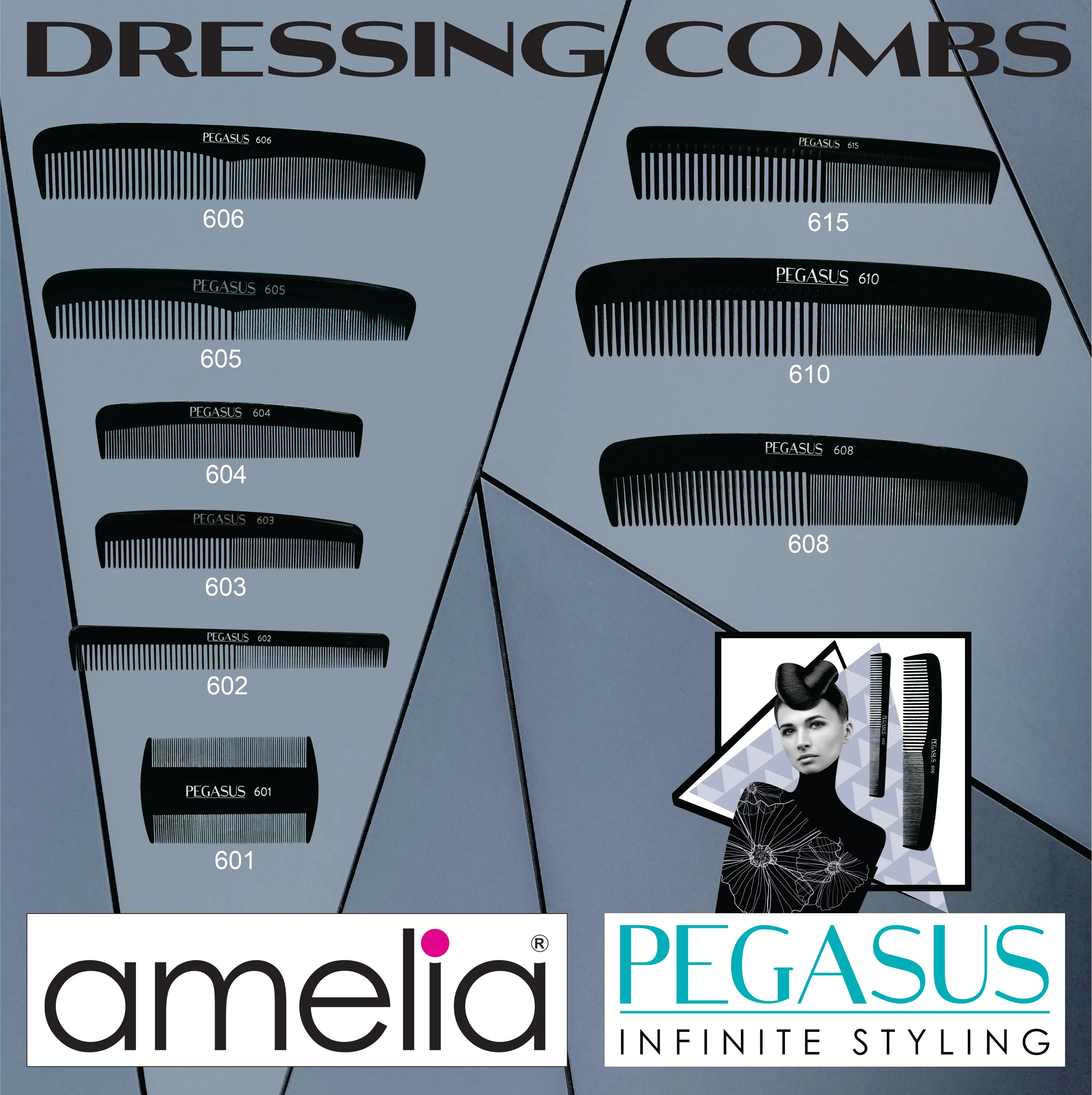 Pegasus 609, 8in Hard Rubber Heavy Styling Comb with Inch Marks, Seamless, Smooth Edges, Anti Static, Heat and Chemically Resistant, Portable Pocket Purse Dresser Comb | Peines de goma dura - Black