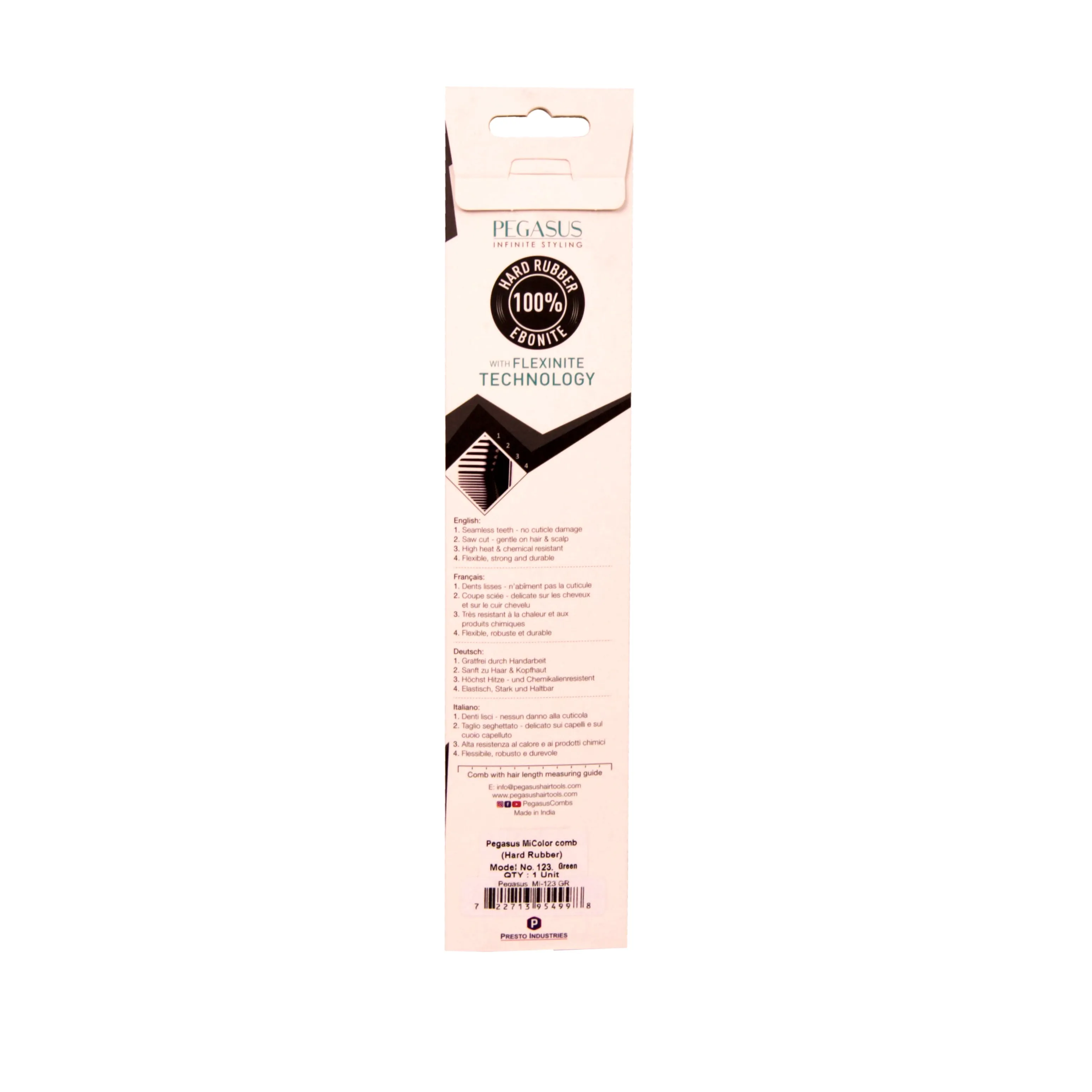 Pegasus MICOLOR 123, 9.75in Hard Rubber Fine Tooth Pintail Comb, Seamless, Anti Static, Heat and Chemically Resistant, Stainless Steel Pin, Great for Parting, Coloring Hair | Peines de goma dura - Blue
