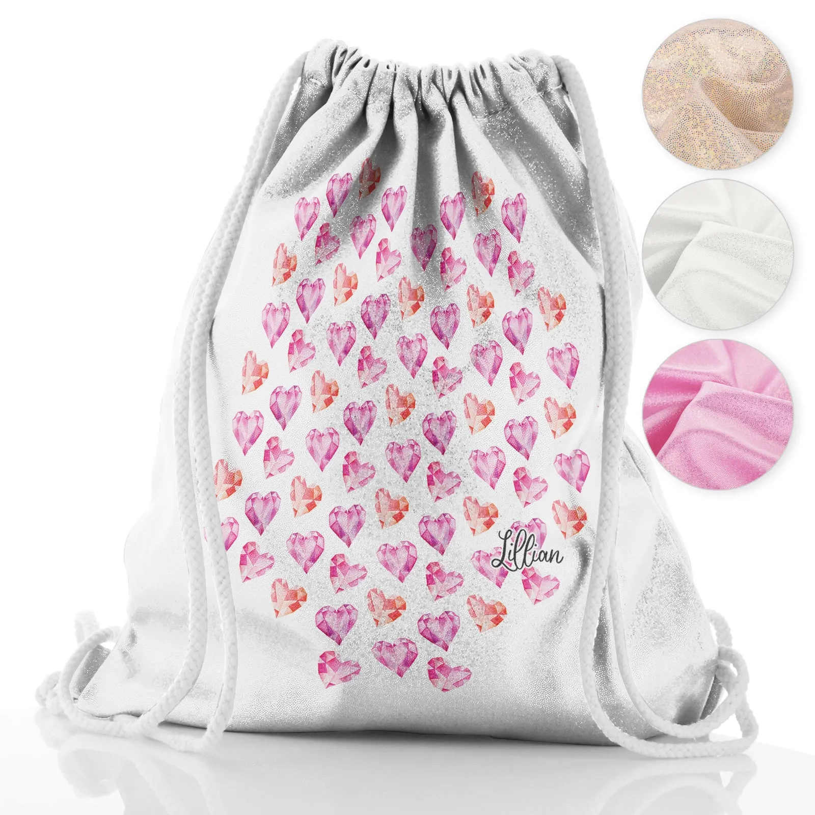 Personalised Glitter Drawstring Backpack with Stylish Text and Crystal Hearts Print